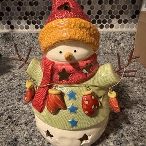 Festive Snowman Candle Holder with Red and Green Accents